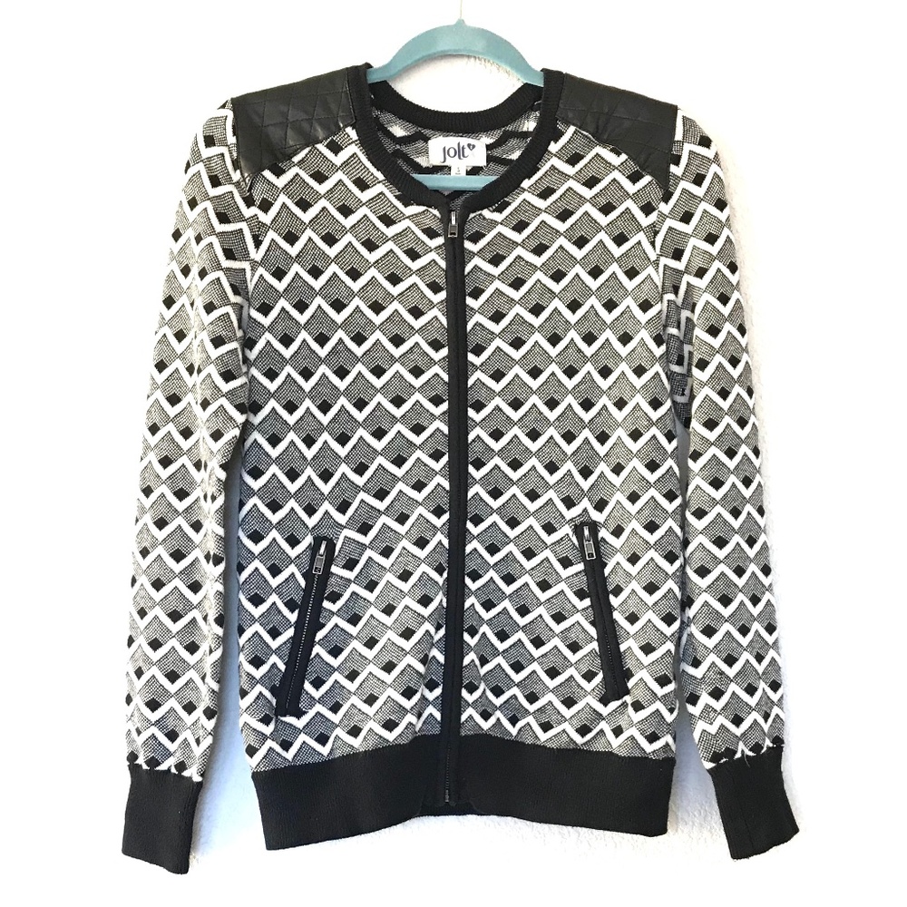JOLT Graphic Zip-up Cardigan Faux Leather Detail S